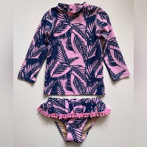 Shade Critters Girl’s Two-Piece Palm Rash Guard Swim Set - Navy & Pink - 3T